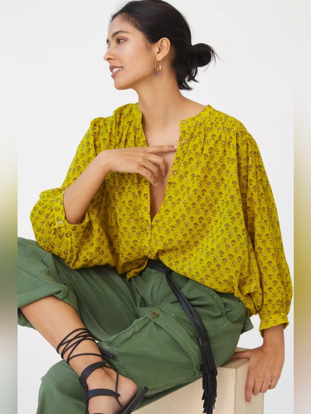 Pilcro Anthropologie Sidney Batwing Blouse Chartreuse Yellow Floral Cotton XS